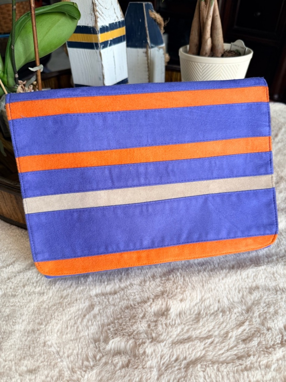 Shiraleah Satin Clutch Purple/ Bold Periwinkle Orange Beige Stripe Foldover
